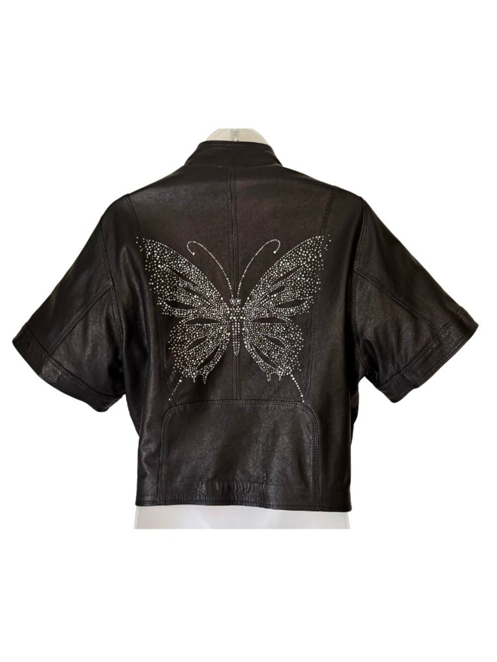 Crystal Butterfly Italian Leather Cropped Moto Jacket Hipchik Couture Black L